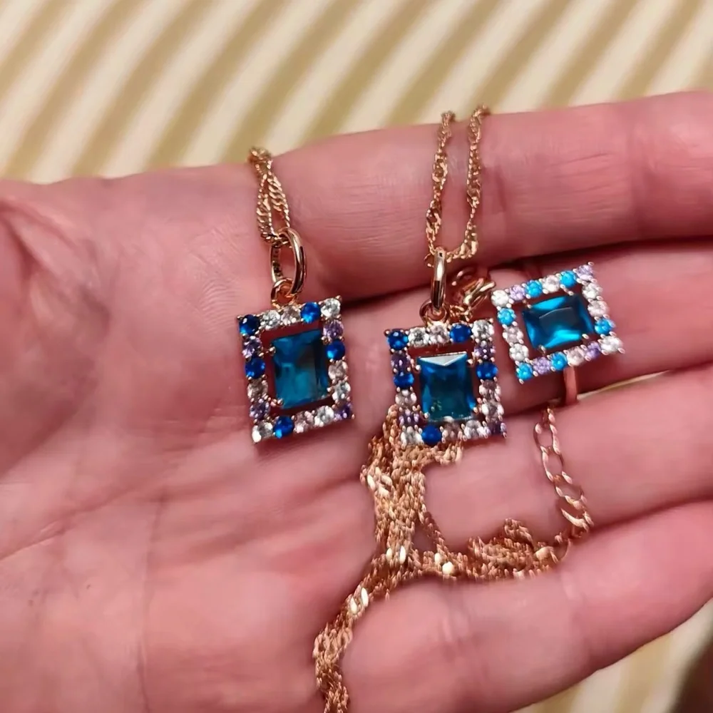 585 Rose Gold Square Pendant Necklace for Women Blue Natural Zircon Necklaces